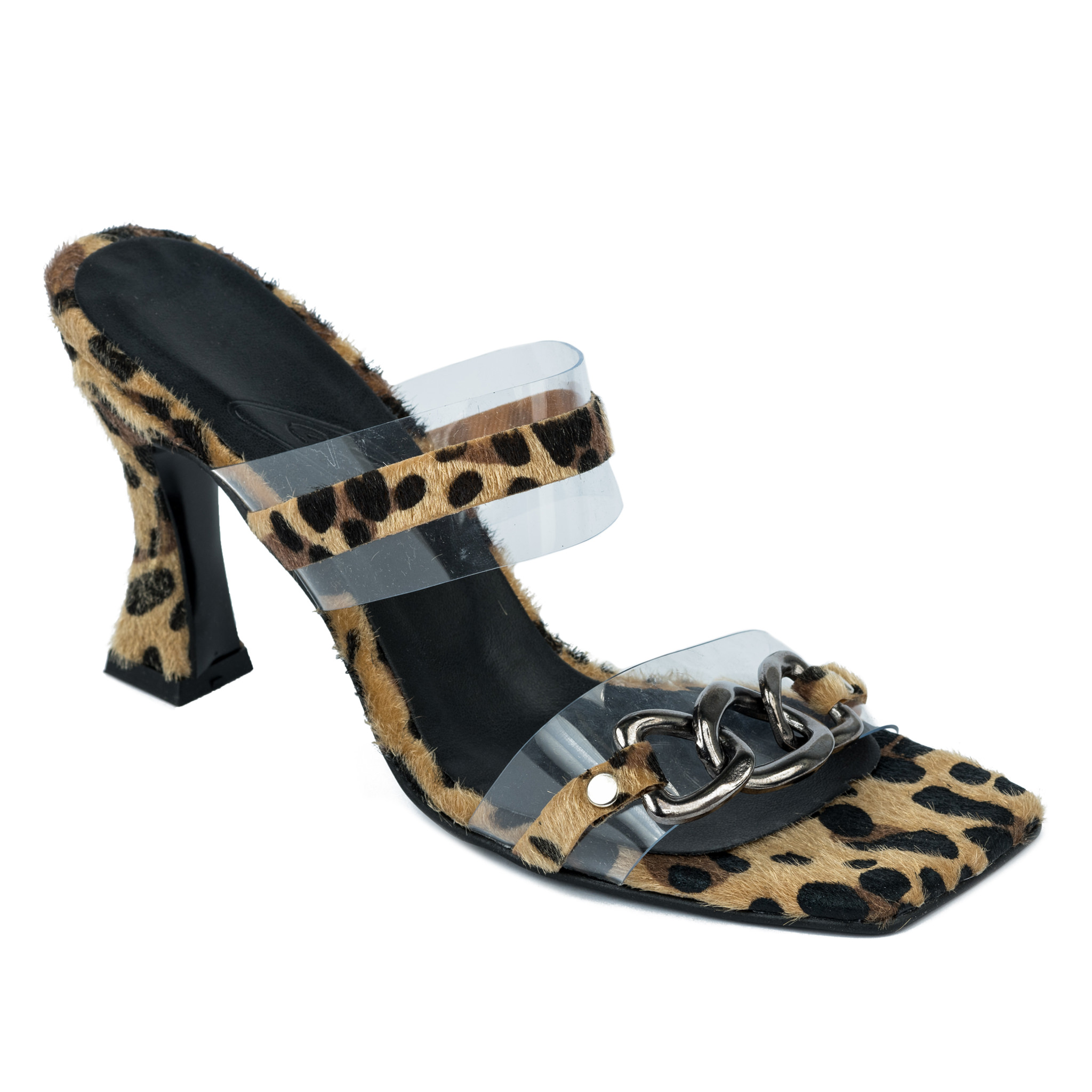LEOPARD MULES WITH CHAIN AND TRANSPARENT BELT