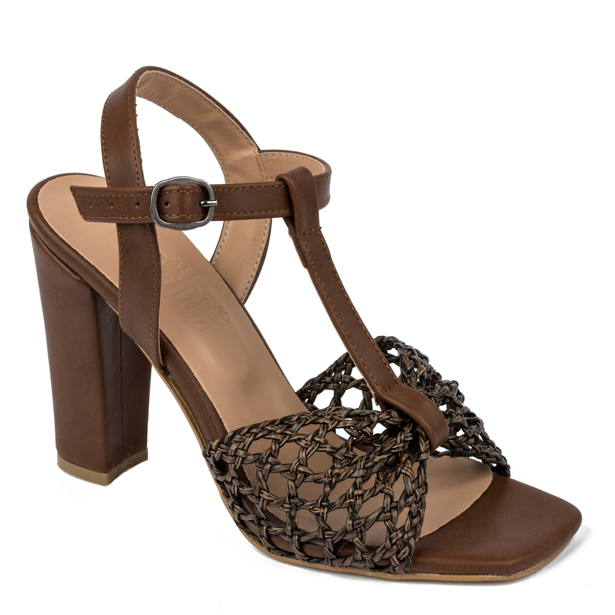 KNITTED THICK HEEL SANDALS - BROWN