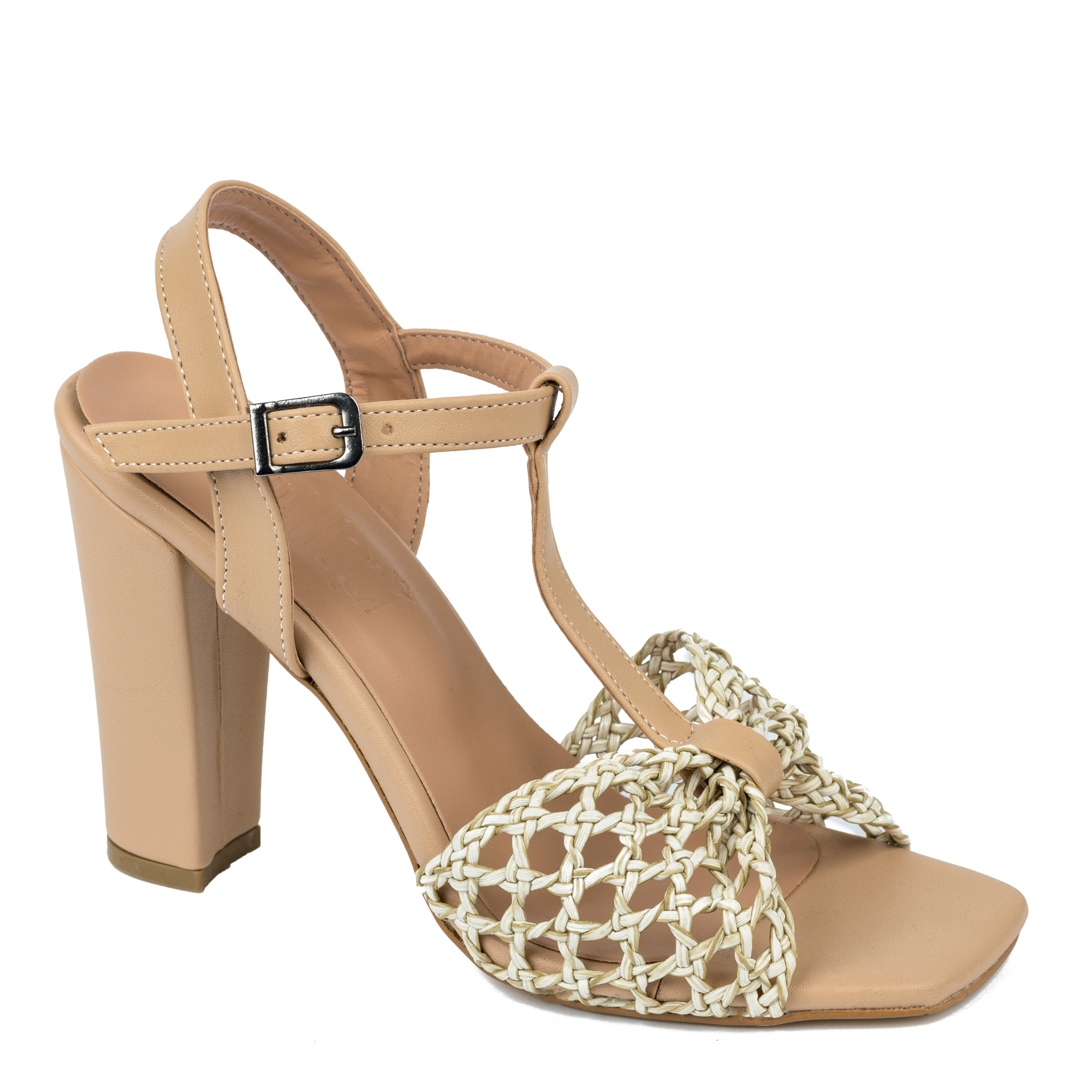 KNITTED THICK HEEL SANDALS - BEIGE