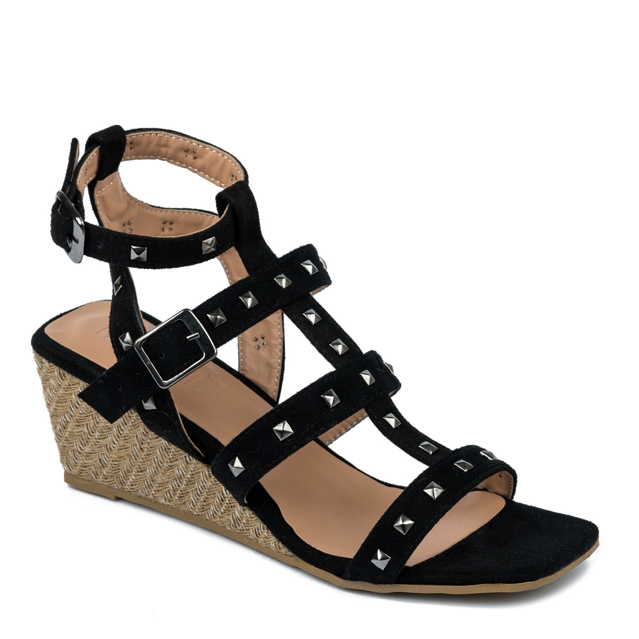 VELOUR WEDGE  SANDALS WITH RIVETS - BLACK