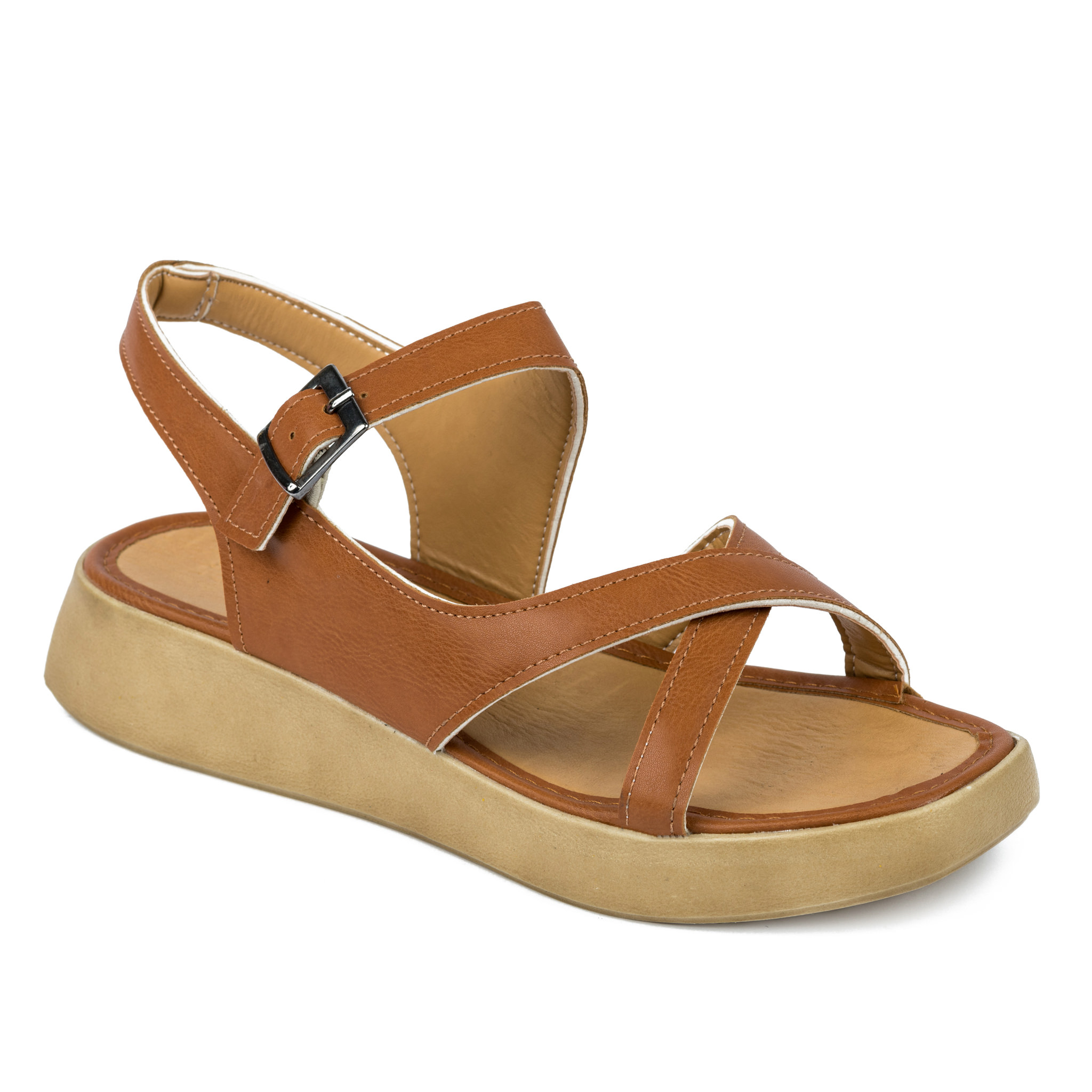 CROSS STRAP SANDALS WITH BELTS - CAMEL