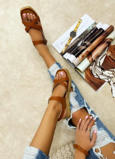 CROSS STRAP SANDALS WITH BELTS - CAMEL