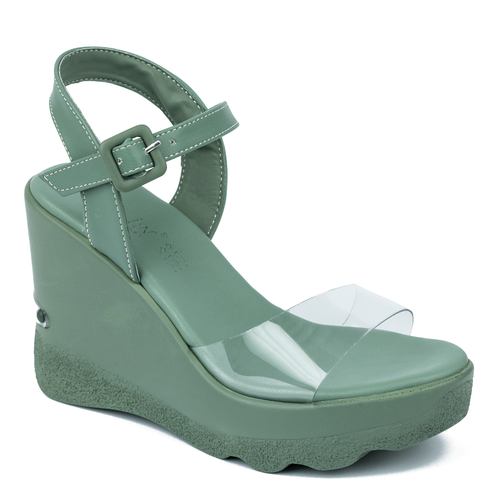 WEDGE SANDALS WITH TRANSPARENT BELT - GREEN