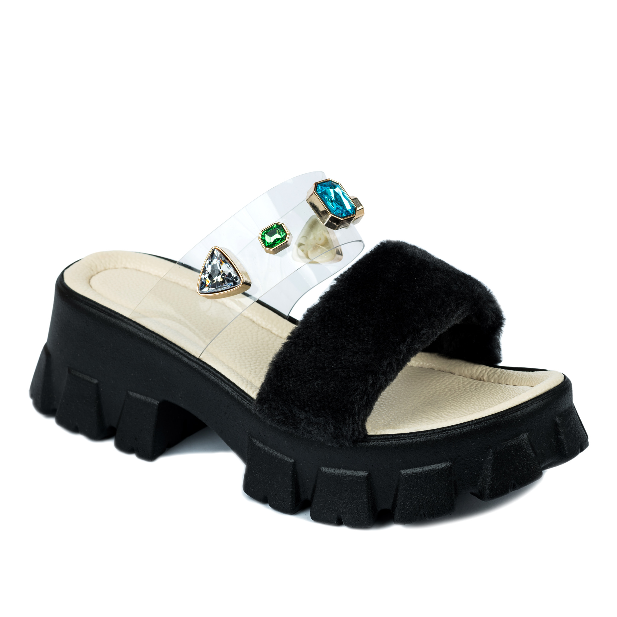 MULES WITH FUR AND ORNAMENT - BLACK