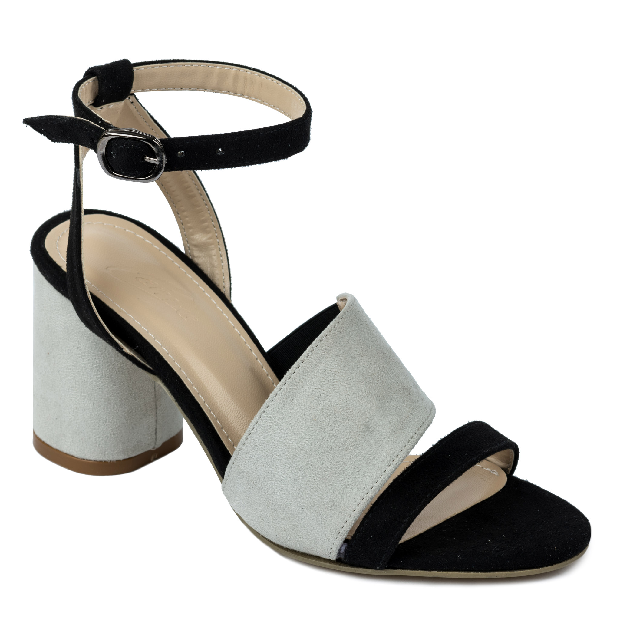 VELOUR SANDALS WITH BELTS AND BLOCK HEEL - GRAY