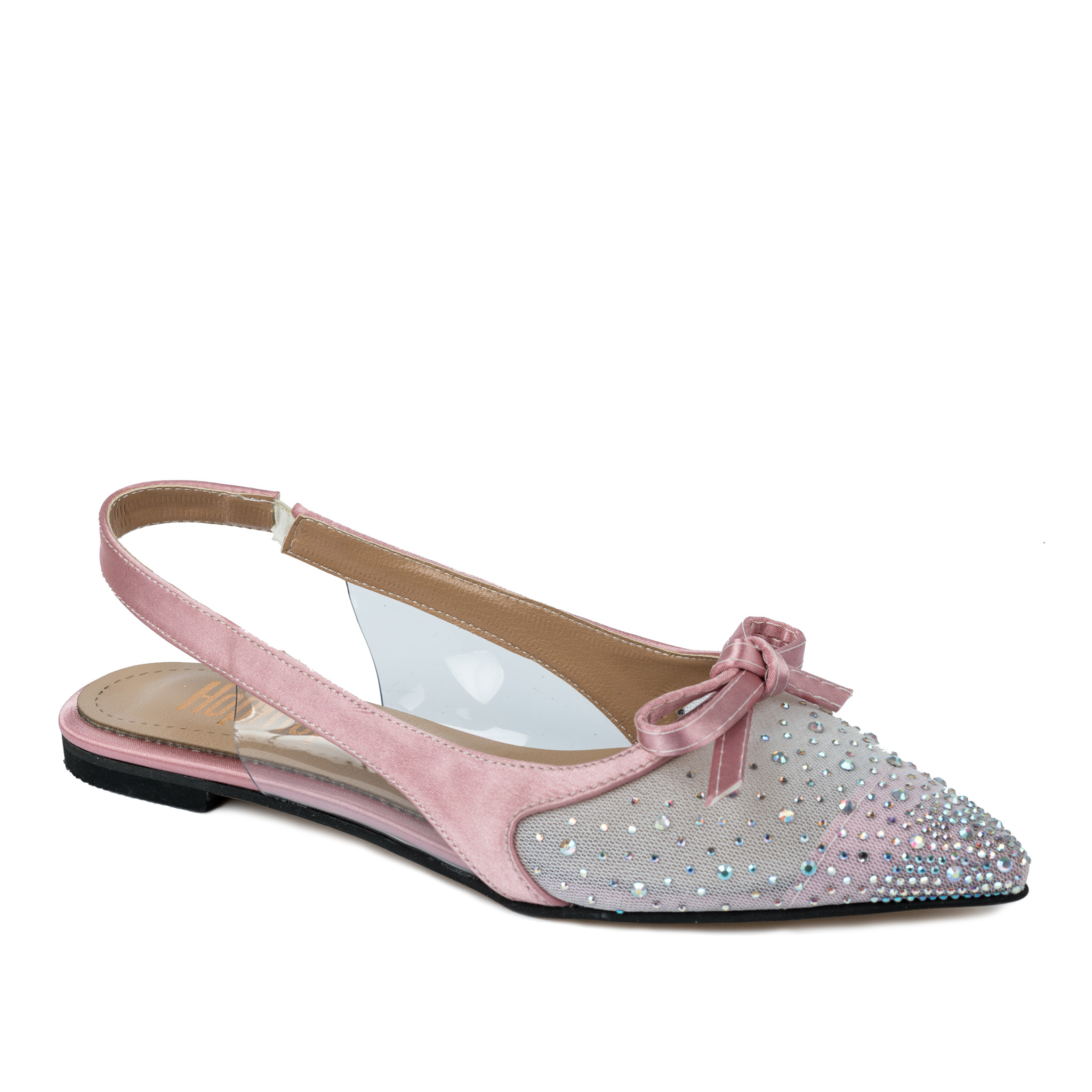 SATIN FLATS WITH ZIRCONS AND BOW - ROSE