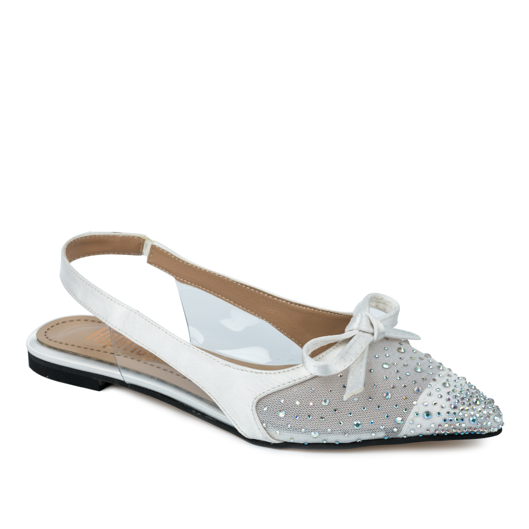 SATIN FLATS WITH ZIRCONS AND BOW - WHITE