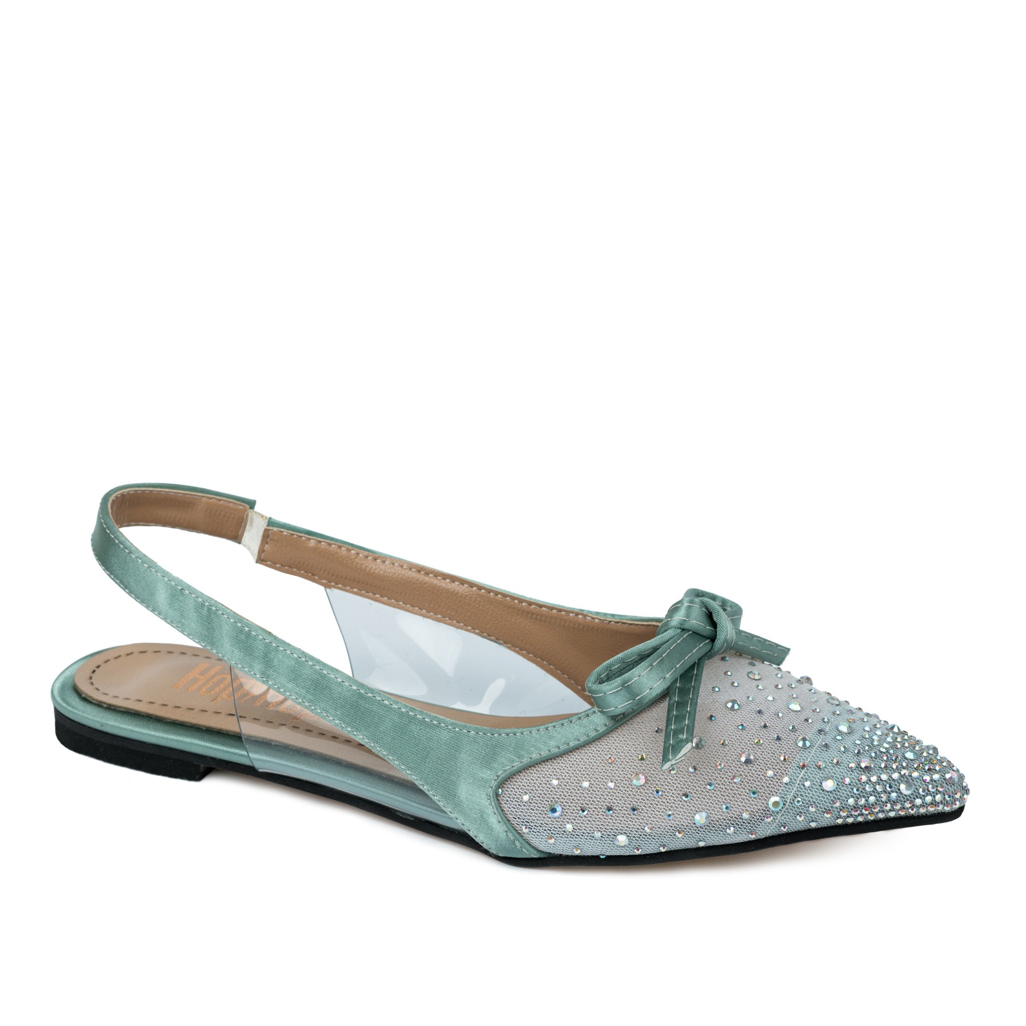 SATIN FLATS WITH ZIRCONS AND BOW - GREEN