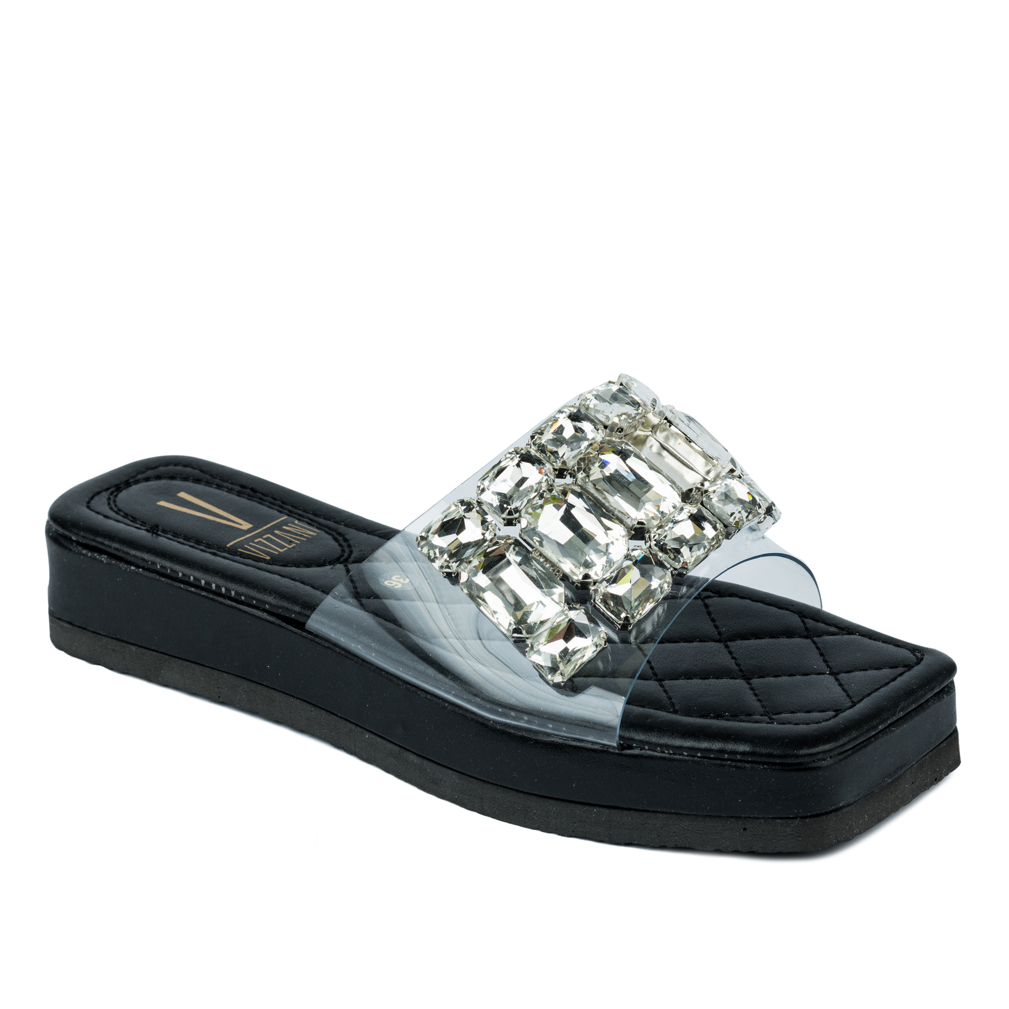HIGH SOLE MULES WITH ORNAMENTS - BLACK
