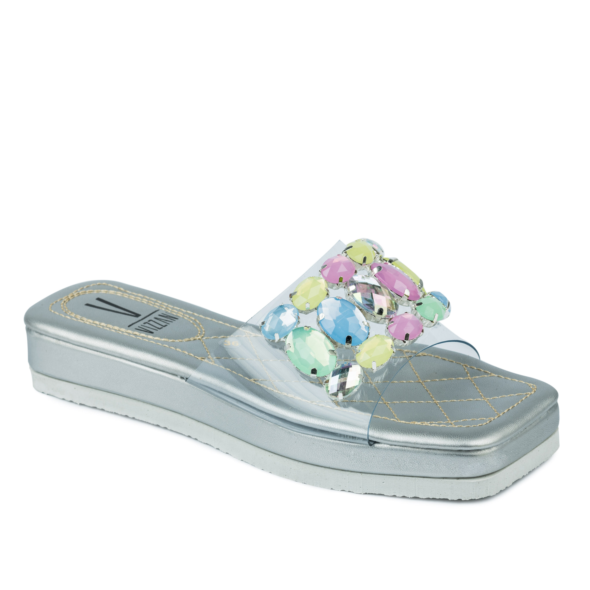 HIGH SOLE MULES WITH ORNAMENTS - SILVER