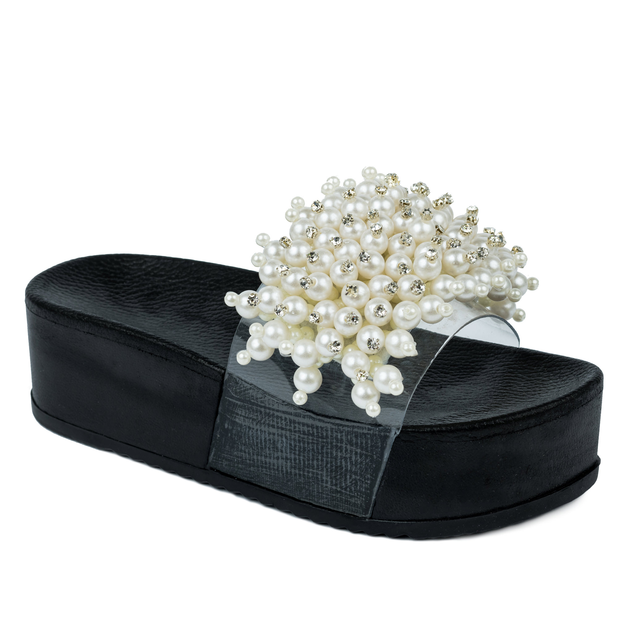 HIGH SOLE MULES WITH PEARLS - BLACK