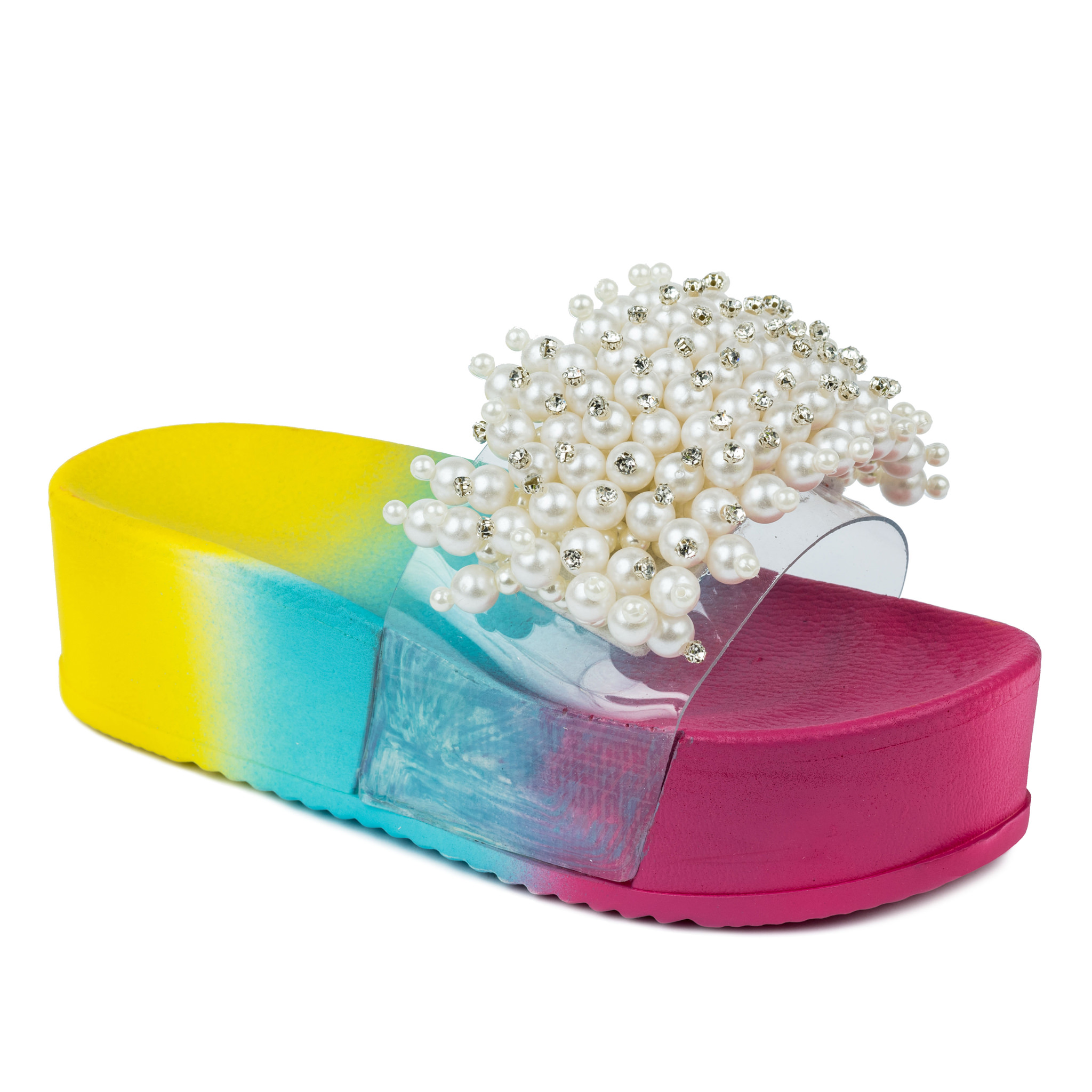 COLORFUL HIGH SOLE MULES WITH PEARLS