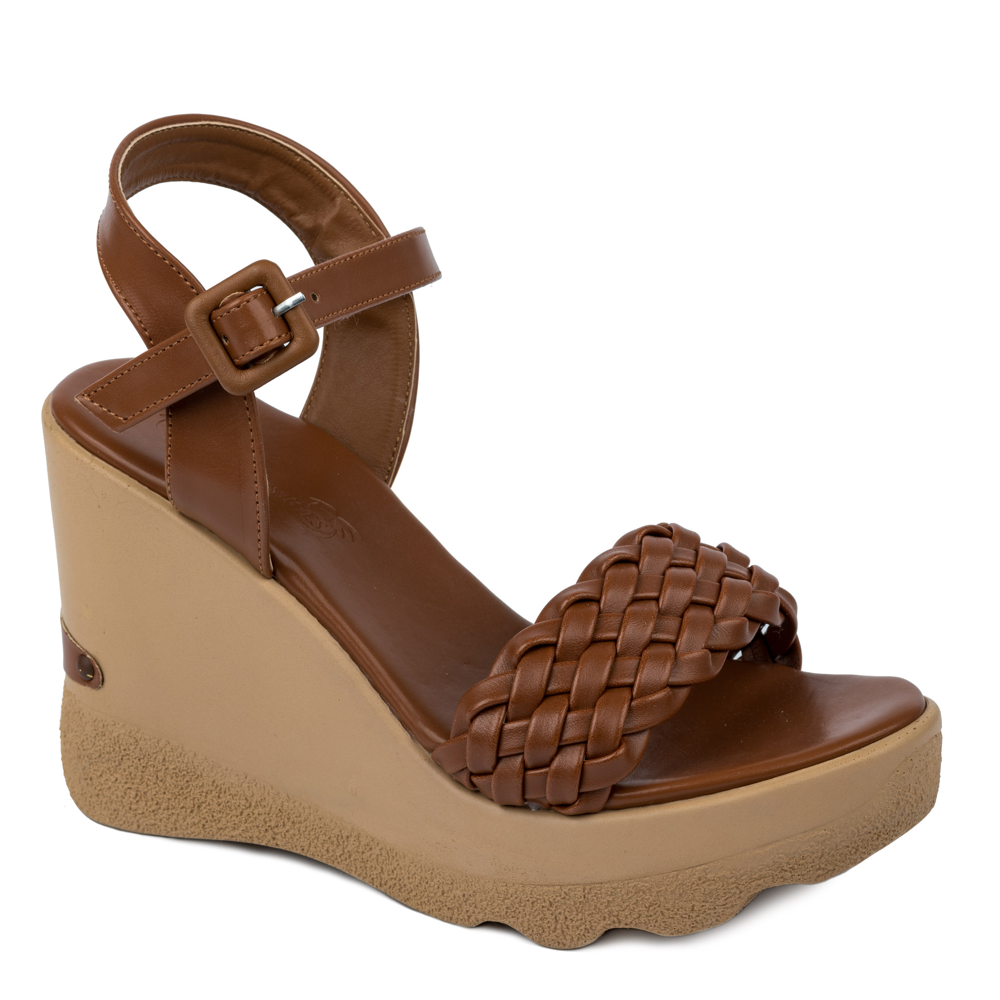 KNITTED WEDGE SANDALS - CAMEL