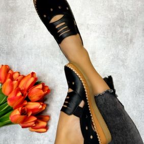 Kožne ravne cipele TIFFANY - CRNA