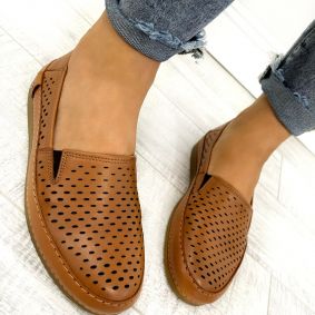 Flat leather shoes D651 - VNS - HOLLOW OUT - CAMEL