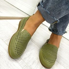 Flat leather shoes D651 - VNS - HOLLOW OUT - GREEN
