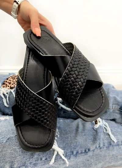 Leather slippers D687 - VNS - CROSS STRAP - BLACK