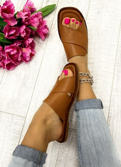 Leather slippers D689 - VNS - CROSS STRAP - CAMEL