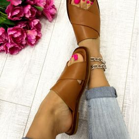 Leather slippers D689 - VNS - CROSS STRAP - CAMEL