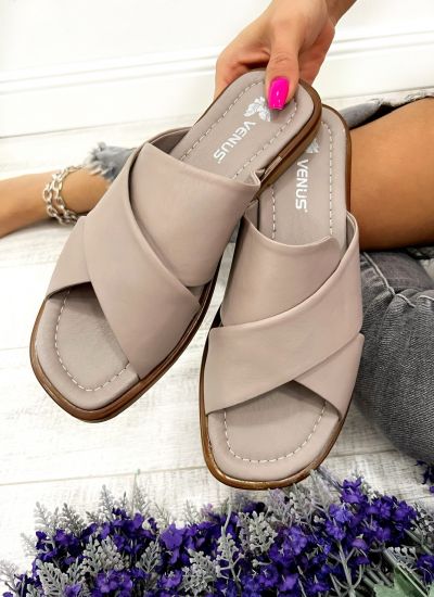 Leather slippers D689 - VNS - CROSS STRAP - BEIGE