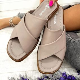 Leather slippers D689 - VNS - CROSS STRAP - BEIGE