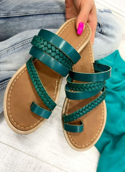 Leather slippers D814 - STRAPS - GREEN