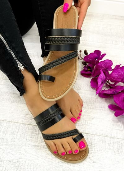 Leather slippers D814 - STRAPS - BLACK