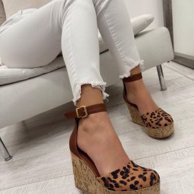 Ženske sandale E969 - NA PUNU PETU - KAMEL - LEOPARD