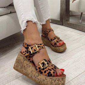 Ženske sandale F013 - NA PLATFORMU - KAMEL - LEOPARD