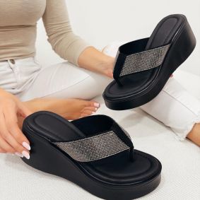 Ženske papuče F105 - NA PLATFORMU - SA CIRKONIMA - CRNA