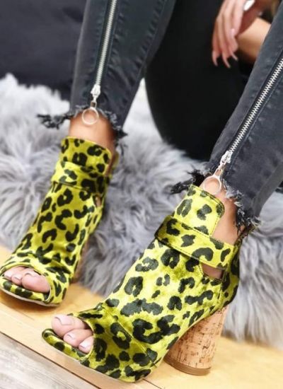 LEOPARD OPEN HIGH SHOES WITH ROUND HEEL - GREEN