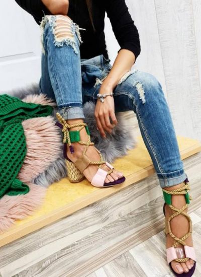 LACE UP SANDALS WITH THICK HEEL - VIOLET/ GREEN/ ROSE