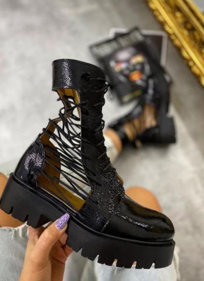 PATENT OPEN ANKLE BOOTS LACE UP - BLACK