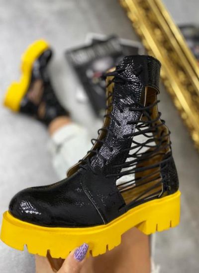 PATENT OPEN ANKLE BOOTS LACE UP - BLACK/ YELLOW