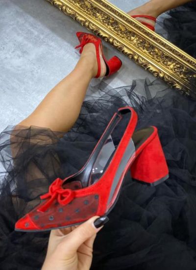 THICK HEEL SANDALS WITH BOW - RED