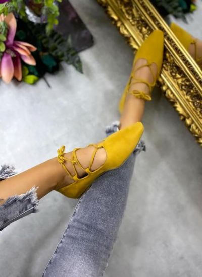 VELOUR LACE UP BALLET FLATS - YELLOW