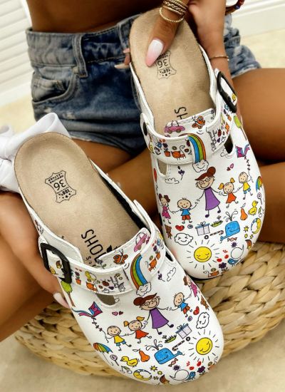 Patterned women clogs A004 - HAPPY PLAY - WHITE