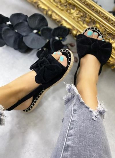 VELOUR FLAT SANDALS WITH BOW - BLACK