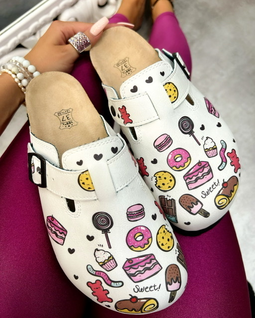 Patterned women clogs A007 - SWEETS - WHITE