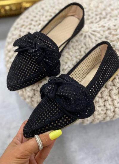 VELOUR HOLLOW  BALLET FLATS WITH BOW - BLACK