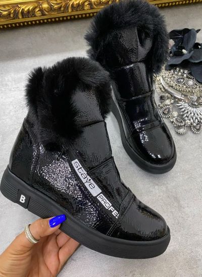 PATENT ANKLE BOOTS WITH FUR AND HIDDEN HEEL - BLACK 