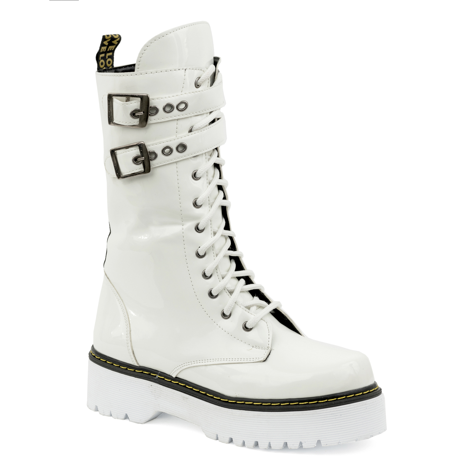 PATENT MARTIN BOOTS WITH YELLOW SEAM AND LACES - WHITE 