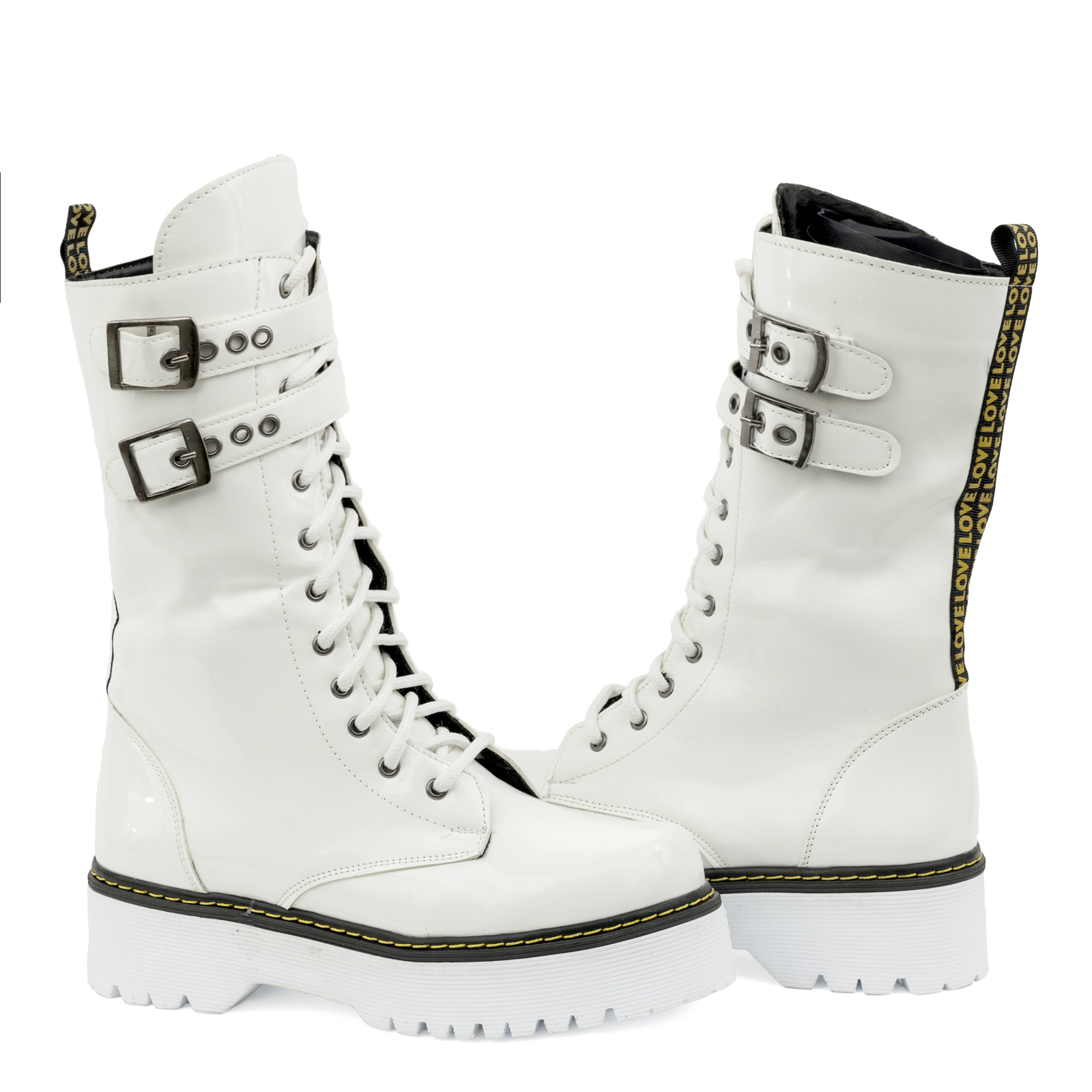 PATENT MARTIN BOOTS WITH YELLOW SEAM AND LACES - WHITE 