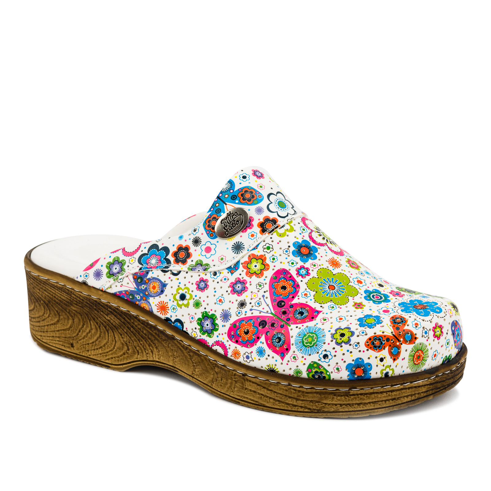 FLOWER HOLLOW HIGH BROWN SOLE CLOGS - WHITE