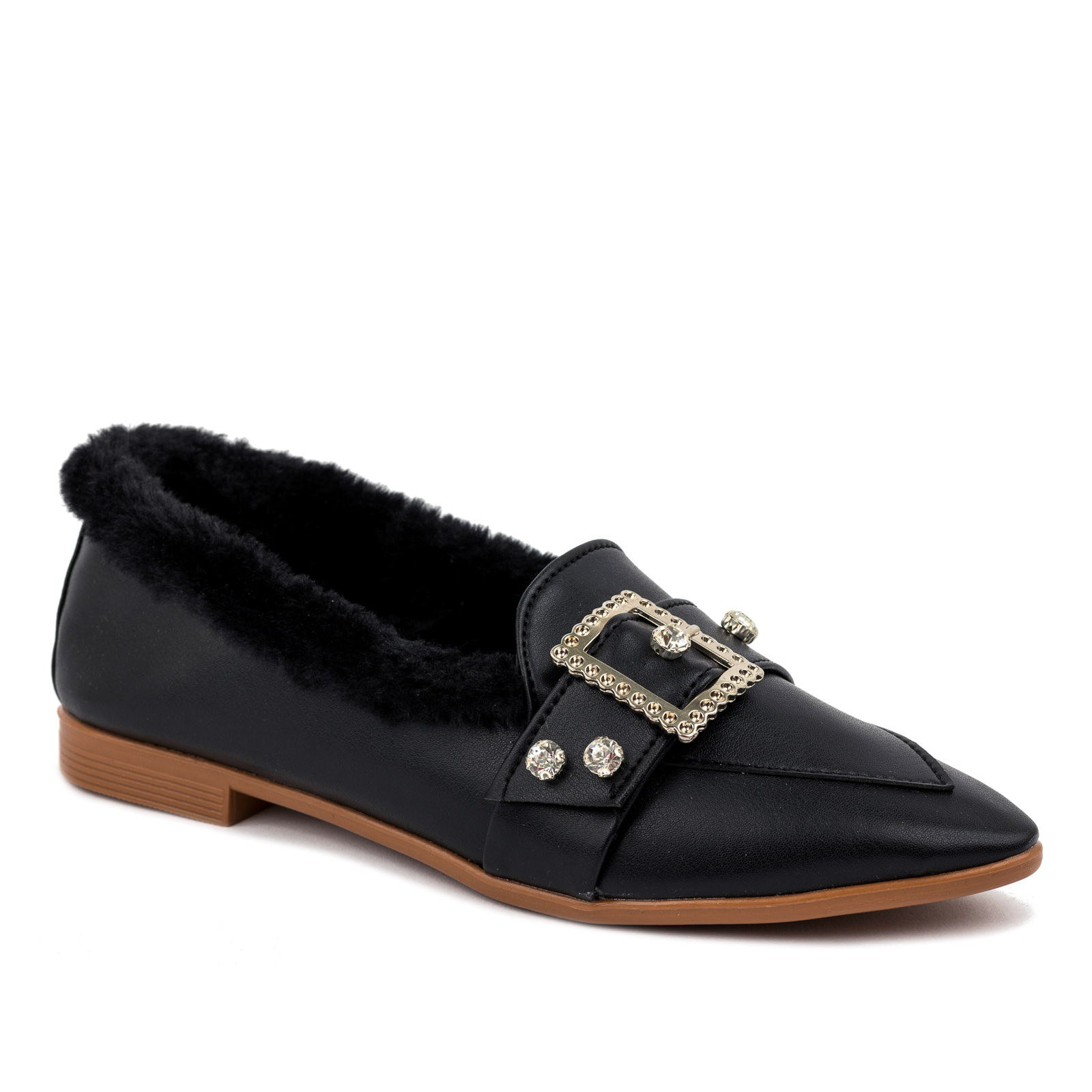 FLAT SHOES WITH FUR AND ZIRCONS - BLACK