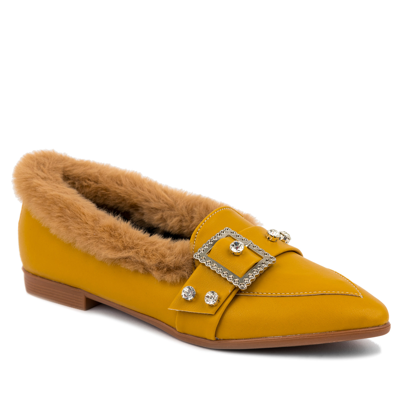 FLAT SHOES WITH FUR AND ZIRCONS - OCHRE