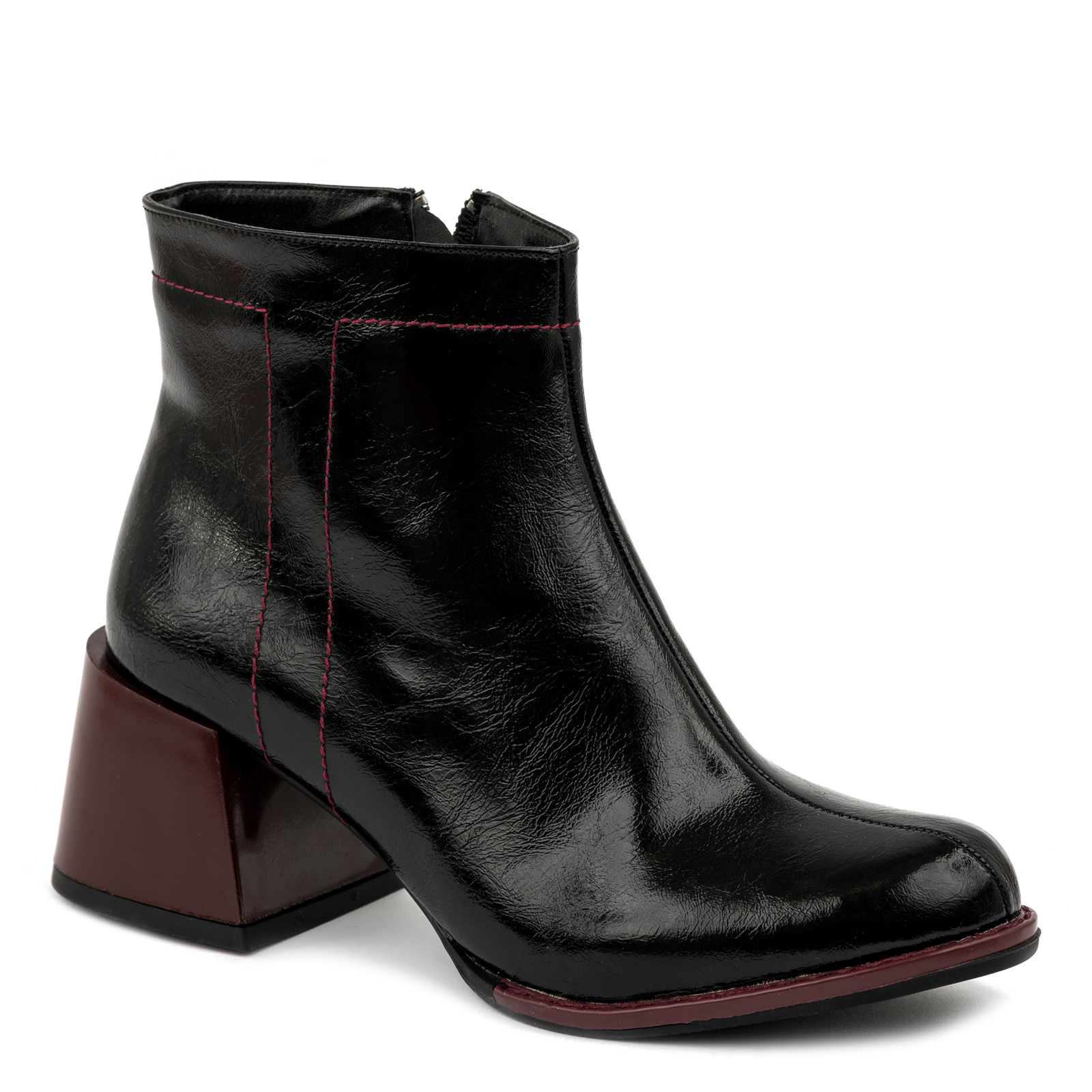 BLACK ANKLE BOOTS  WITH LOW THICK MAROON HEEL 