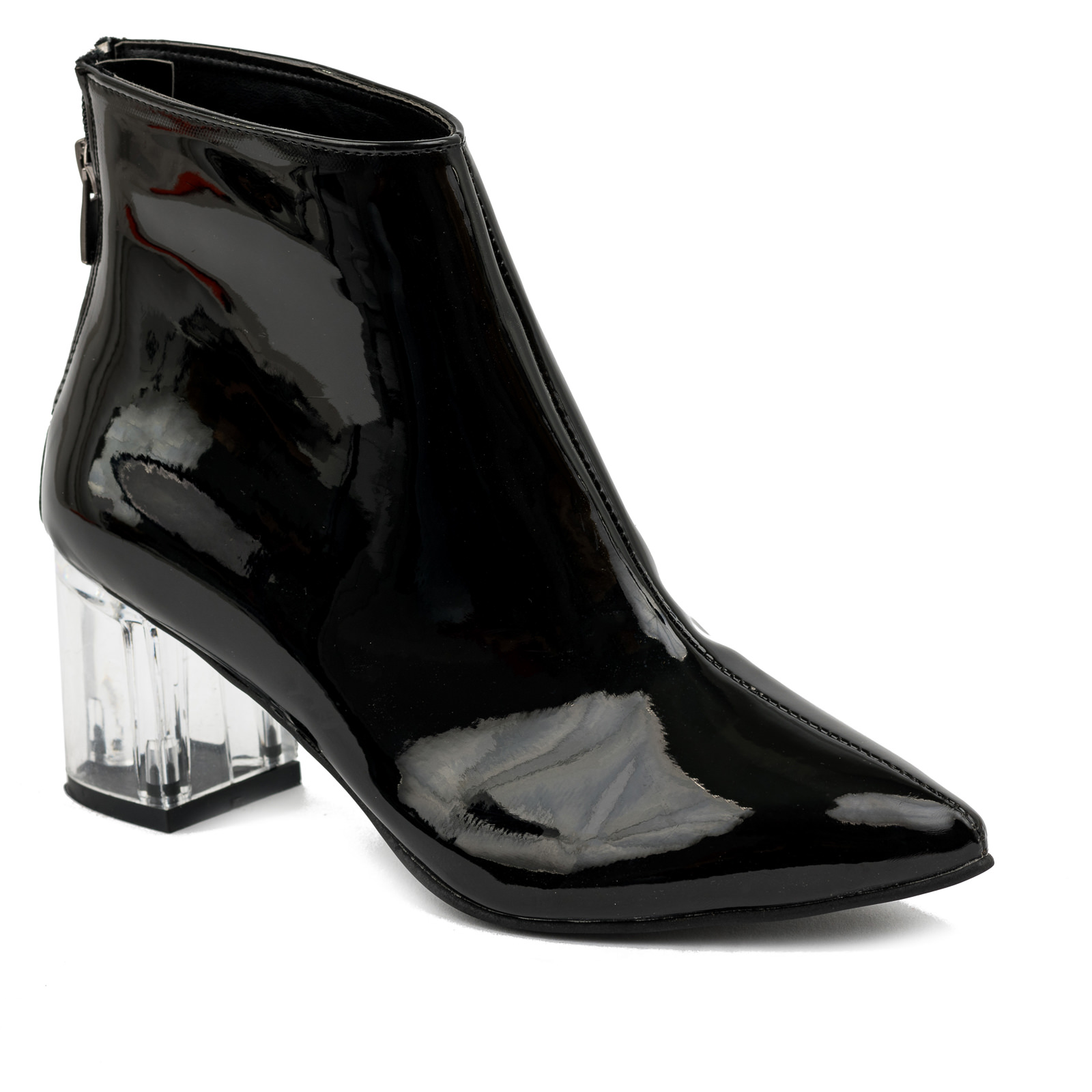 PATENT  ANKLE BOOTS WITH CLEAR THICK HEEL-  BLACK