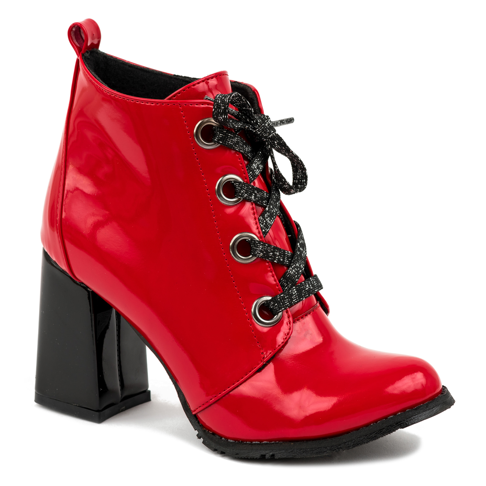 PATENT ANKLE BOOTS LACE UP WITH  BLACK HEEL-  RED
