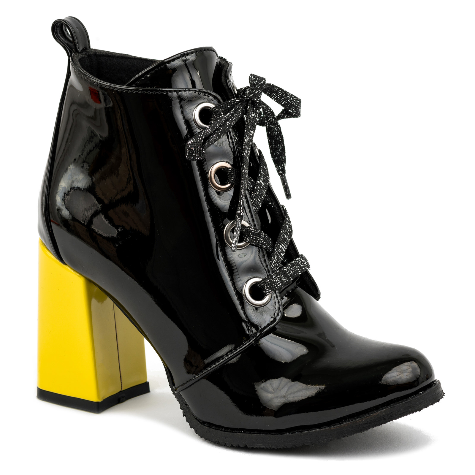 PATENT ANKLE BOOTS LACE UP WITH YELLOW HEEL-  BLACK